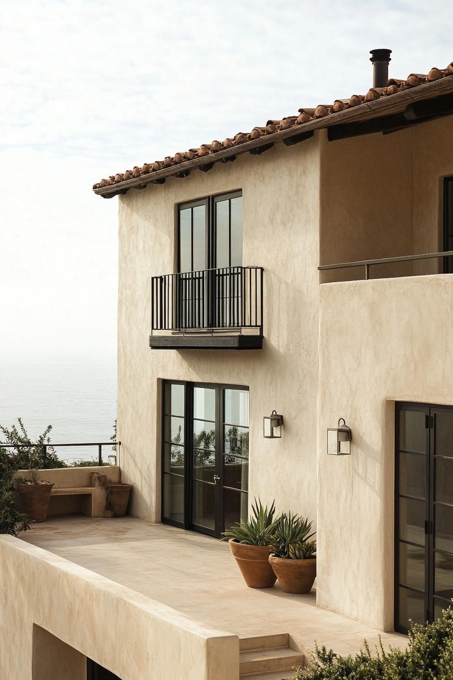 modern Italian mediterranean house facade with earthy tone stucco Italian coast views