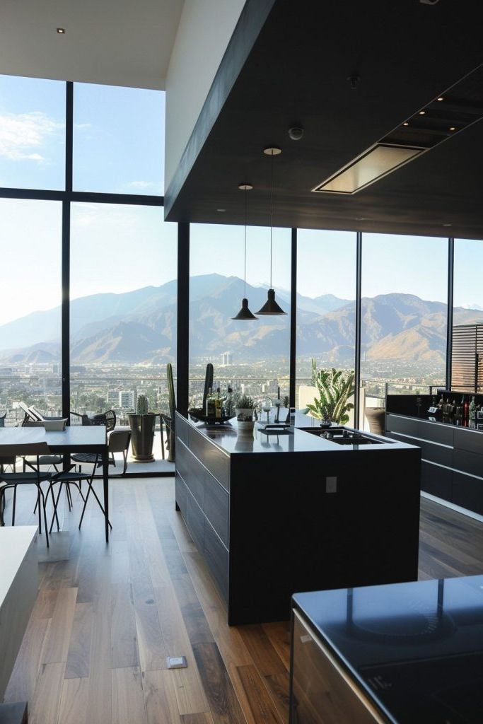 open plan kitchen with mountain views