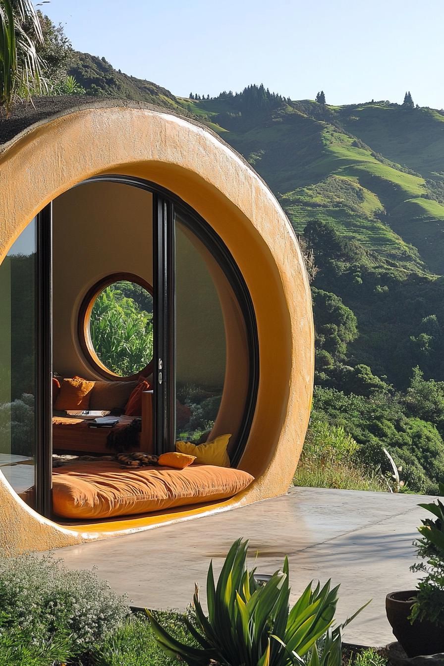 earth sheltered modern house with round doors and windows overlooking green New Zealand mountains 2