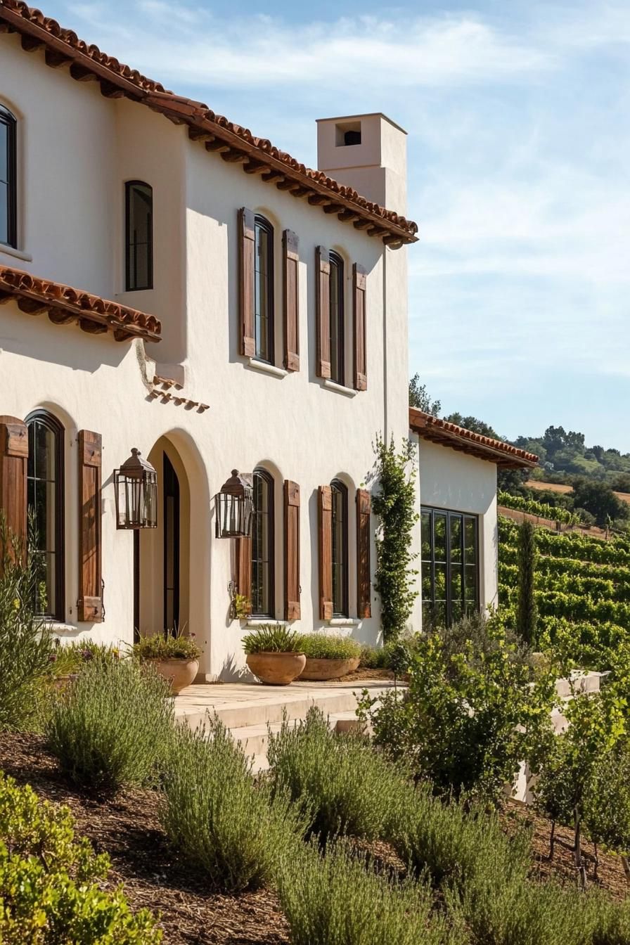 mediterranean revival architecture home facade with tall narrow windows and wooden shutters hilly vineyard landscape