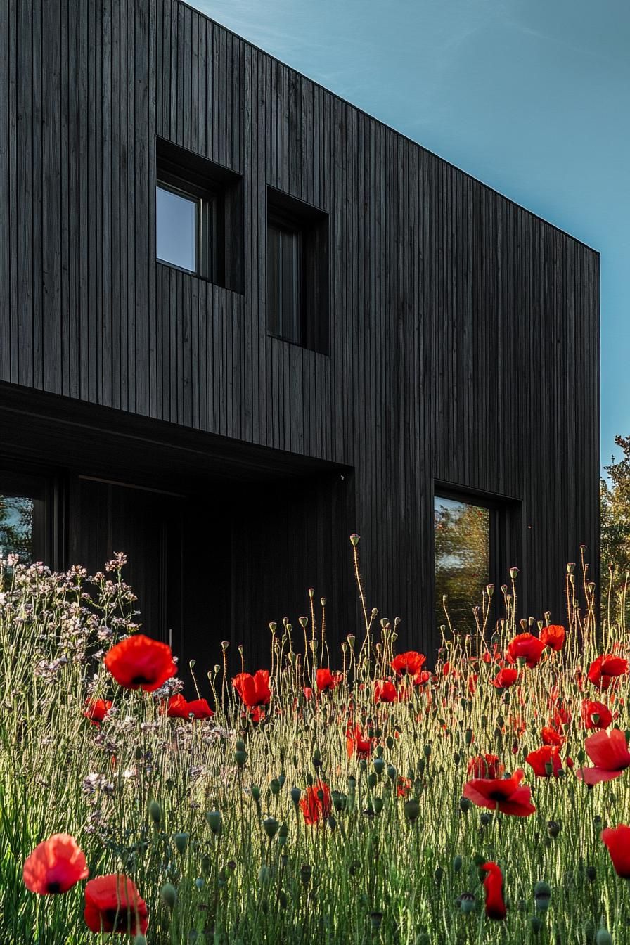 mid century modern black house facade blackwashed cedar cladding full view in a meadow of red poppies 3