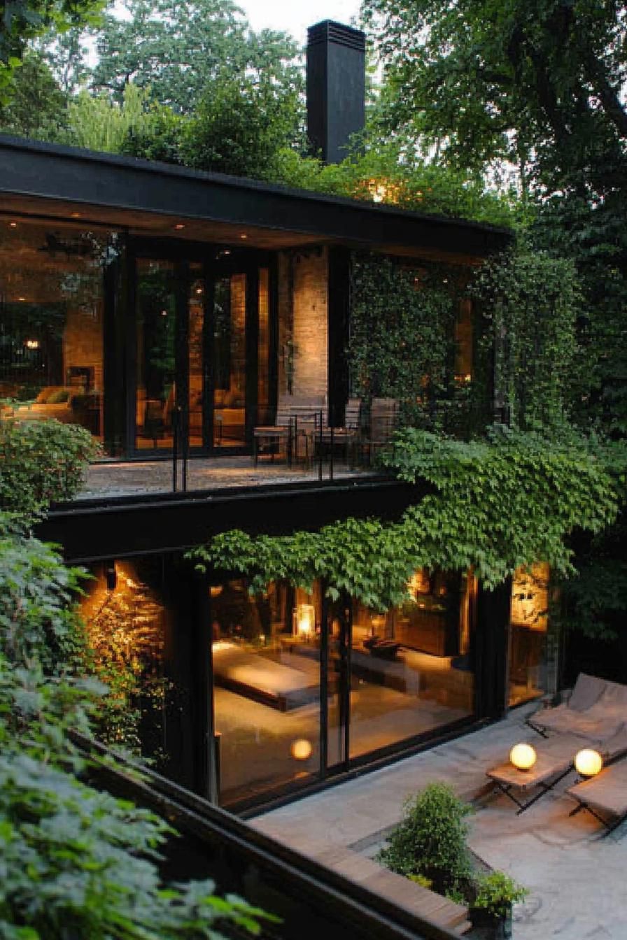 modern house with lush roof garden and Japanese lanterns and seating 3