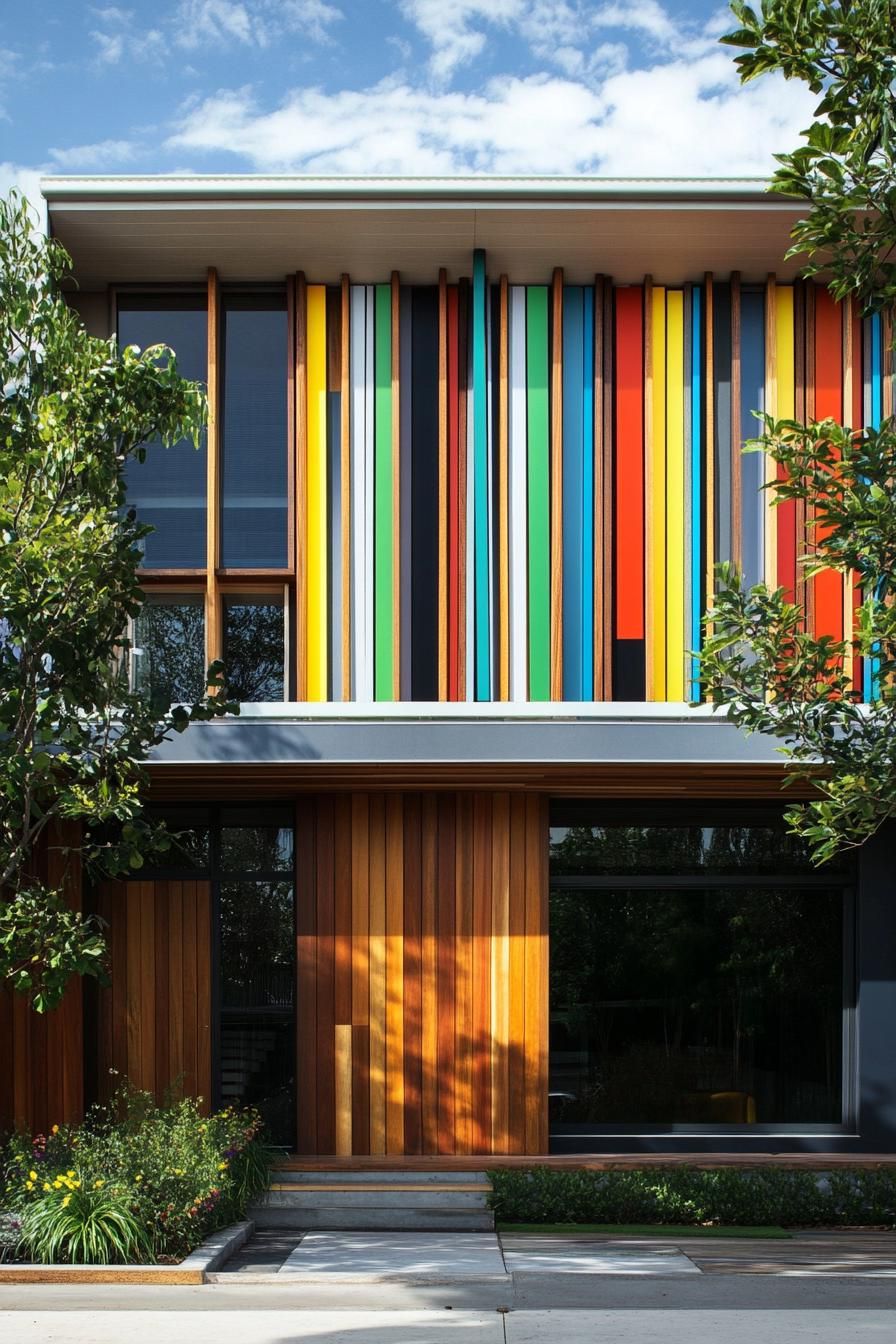 retro style modern house facade with colorful vertical wood slatting 2