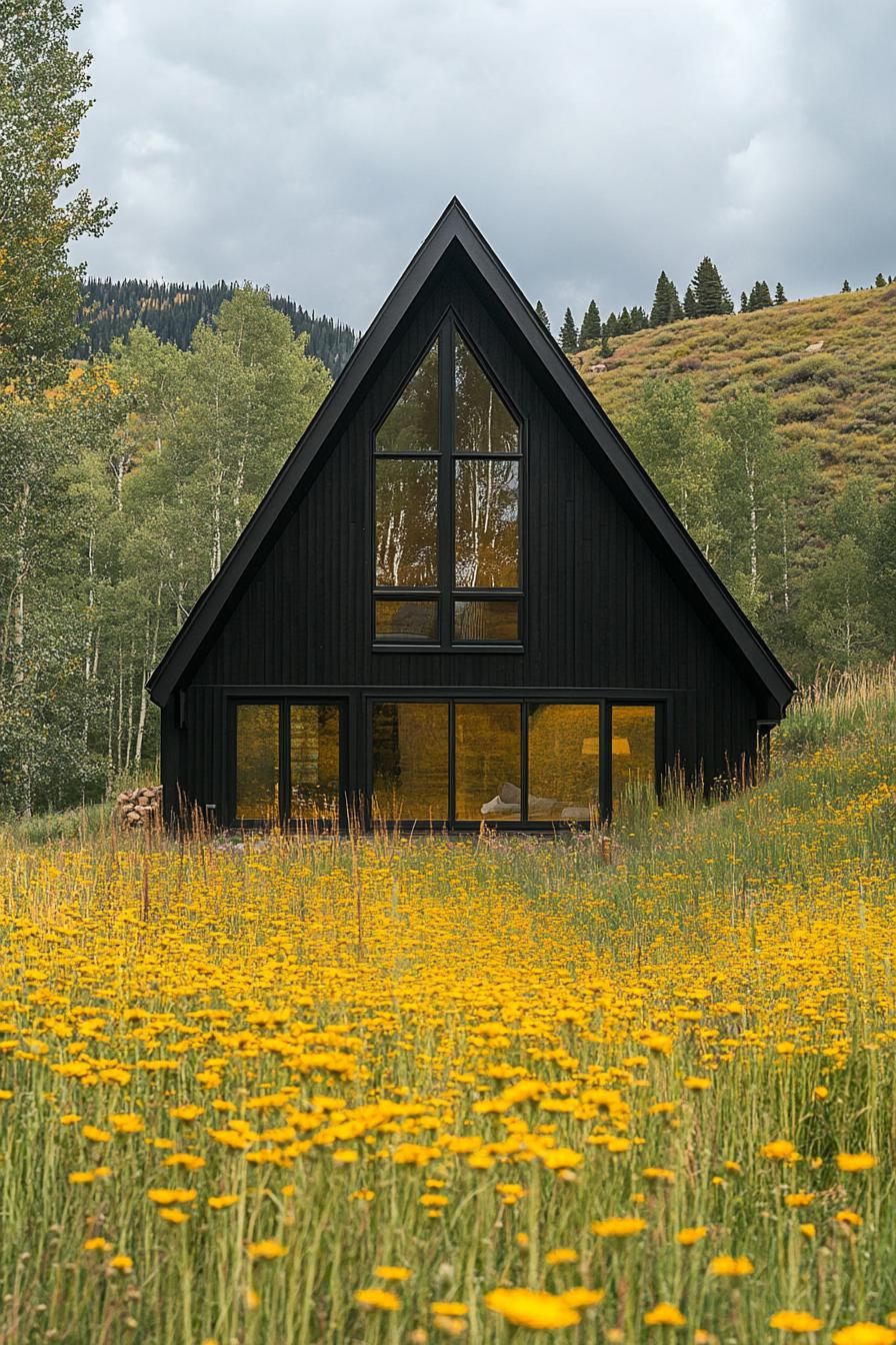 modern dark a frame house facade in yellow wildflower fields 2