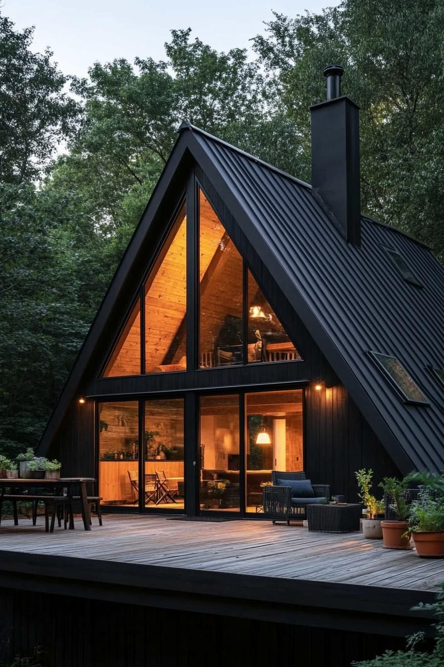 modern black a frame house with black board and batten siding black metal roof with chimney a gambrel with window on the roof side large glass 2