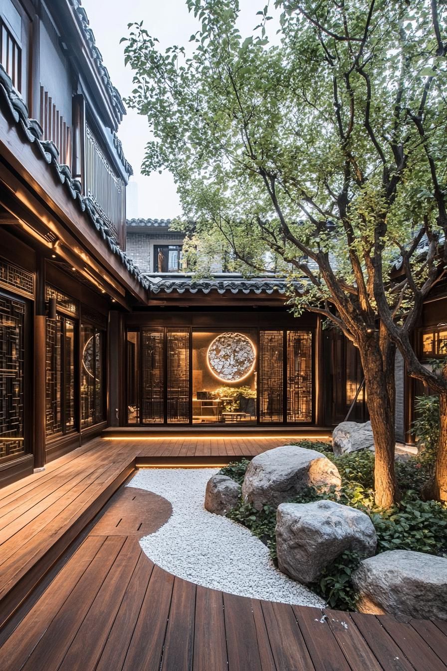 chinese inner courtyard with garden walls wooden deck rocks chinese detailing modern office building visible over the roof from the courtyard 3