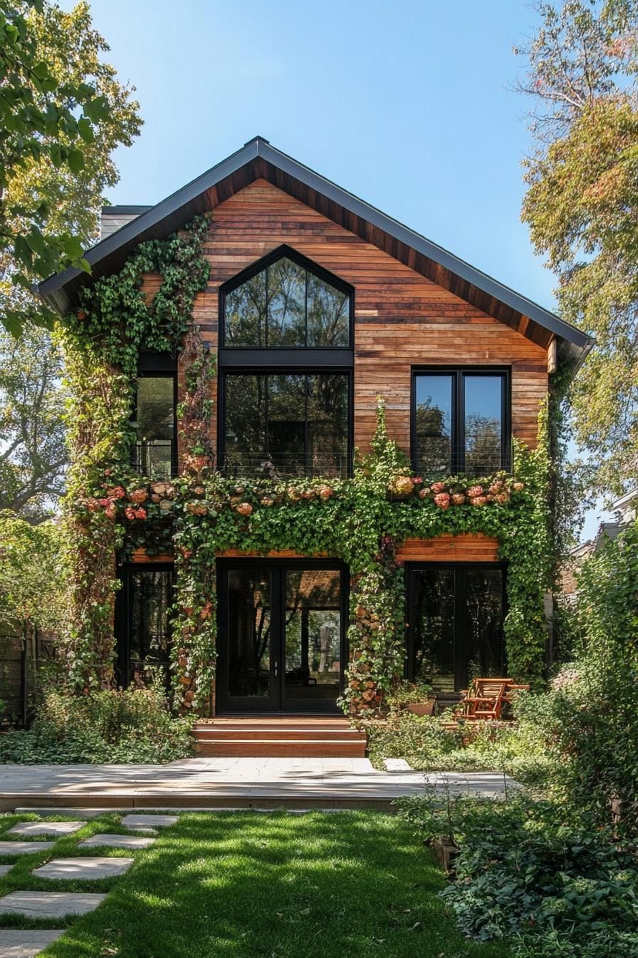 modern bohemian house facade with rustic cladding and climbing vines 3