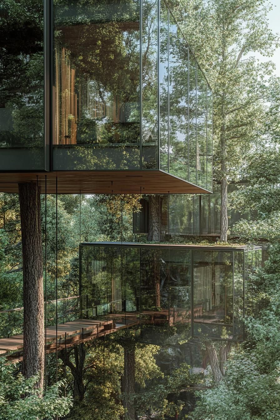 modern glass treehouse village with several cabins connected with suspended bridges between high trees 3