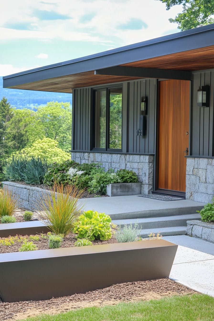 mid century modern house front porch low profile planters 3
