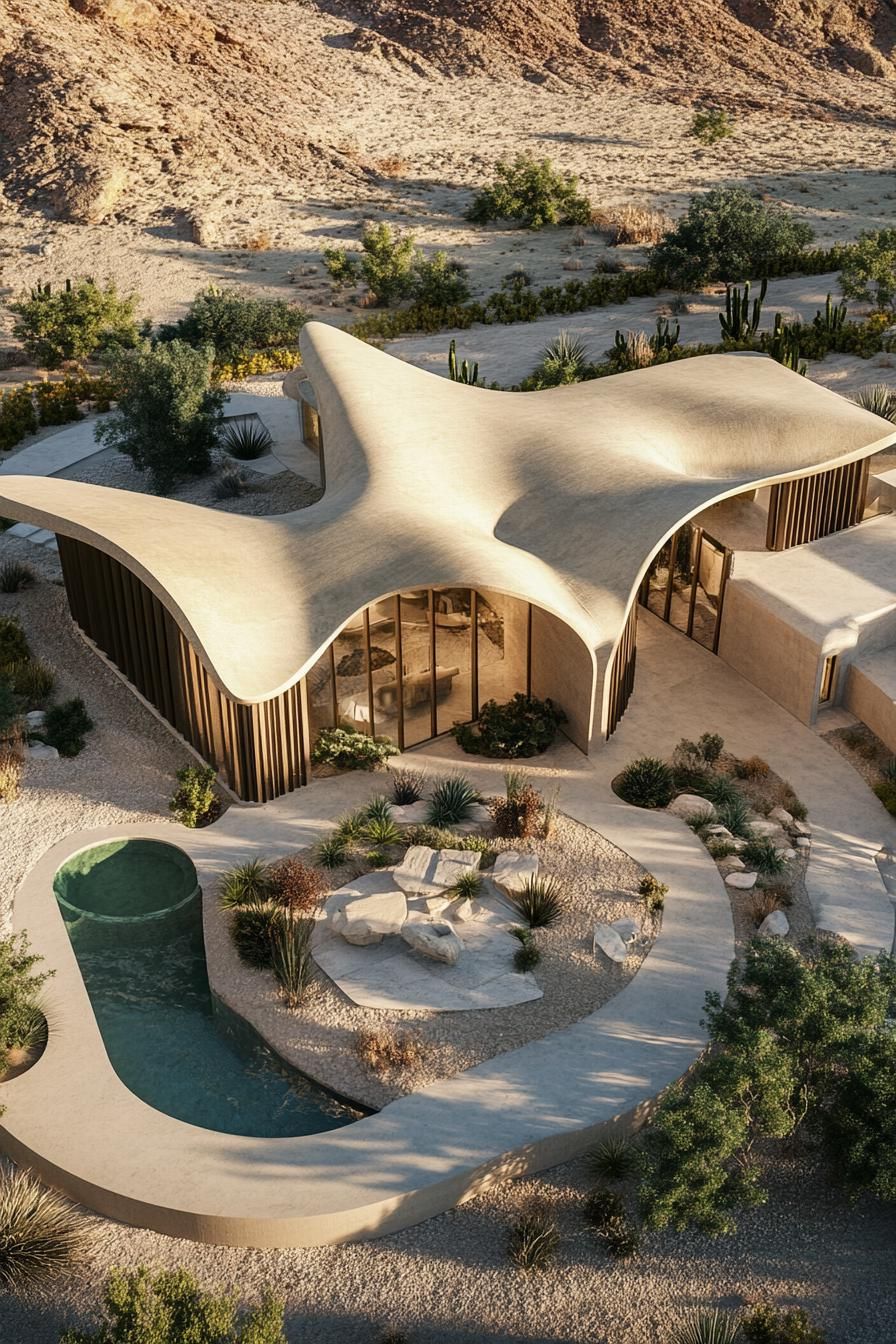 luxury desert villa geometric flower petal shaped facade with large courtyard oasis birds eye view