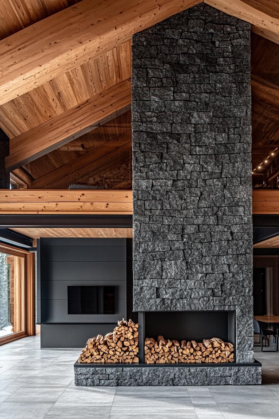 modern log house in the mountains with a stone fireplace and firewood storage 3
