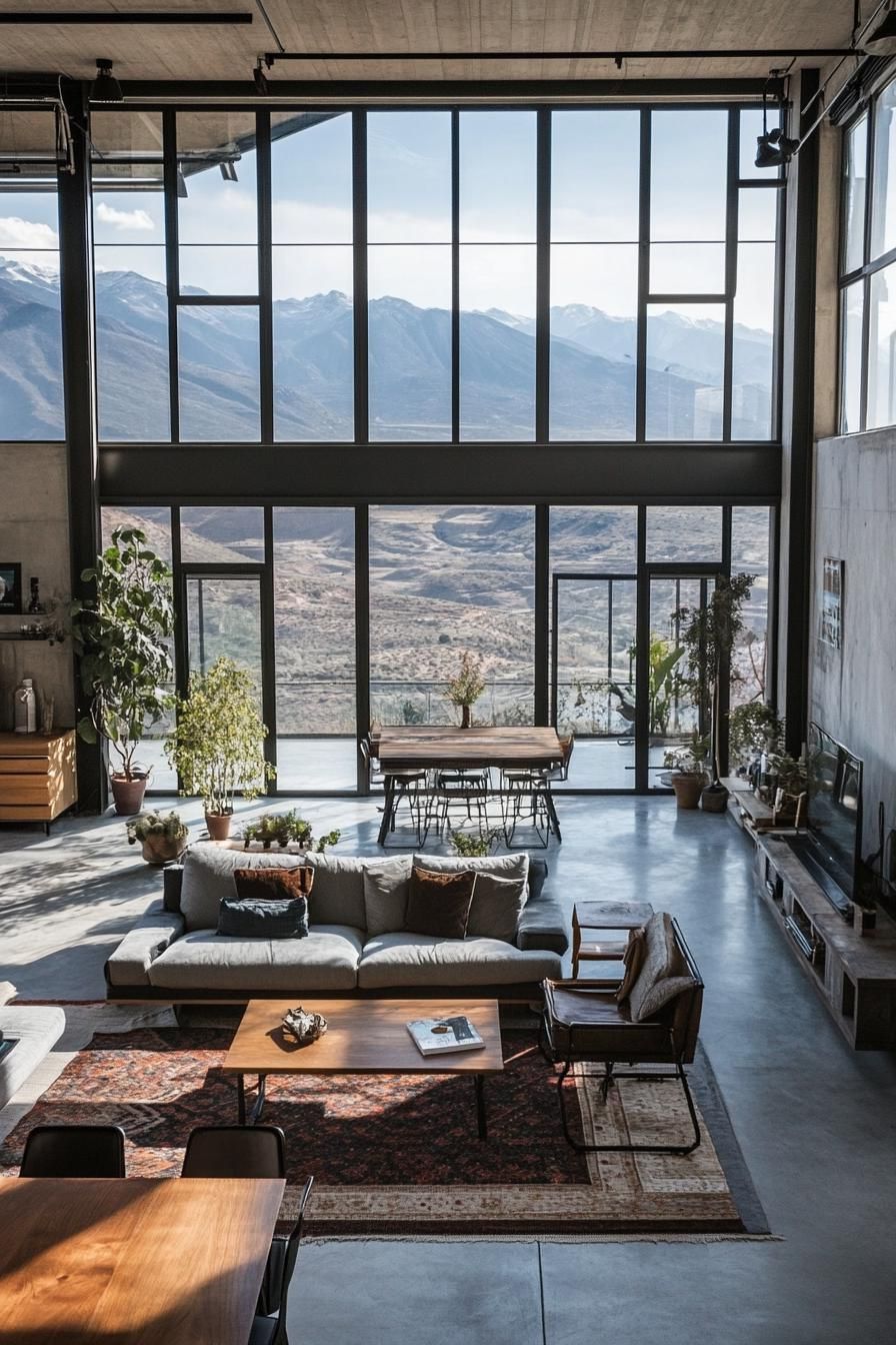 modern industrial open plan loft with large windows overlooking stunning mountains