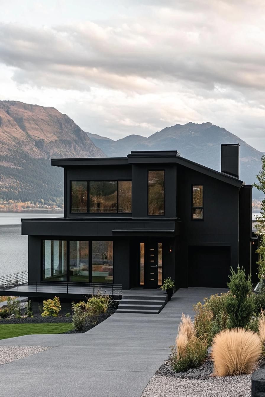 modern matte black house facade with glossy black trim mountains and a lake in the background 2