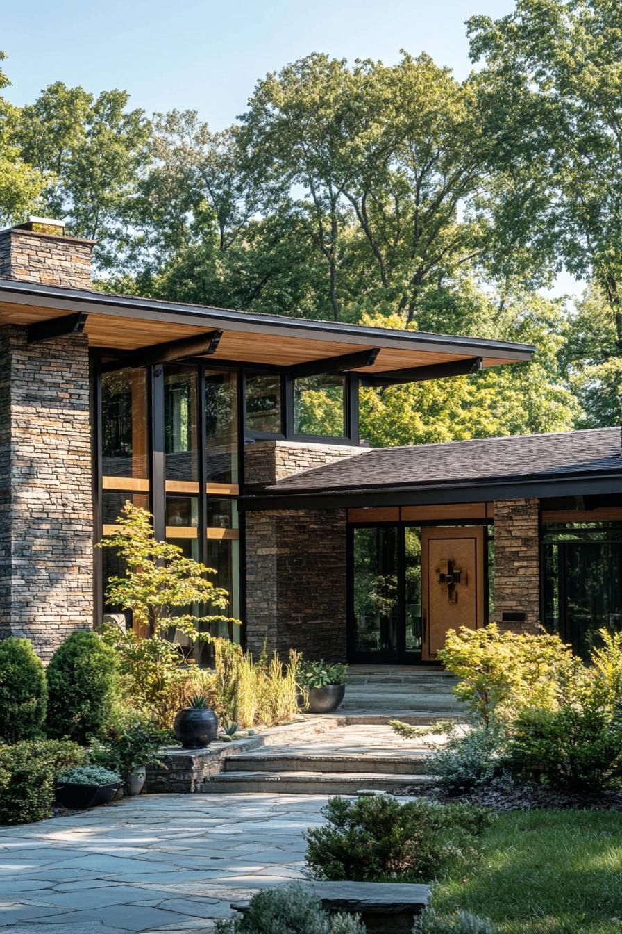 mid century modern and antique style house facade roof with gabled shingled sections 3