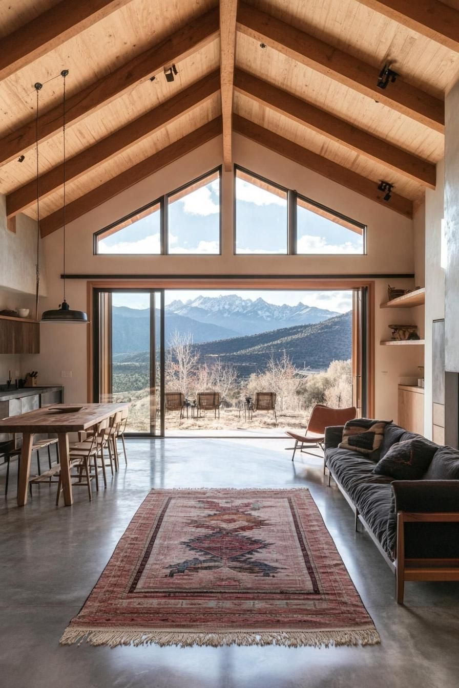 modern barn house vaulted ceiling with exposed wooden beams large windows with stunning mountain views