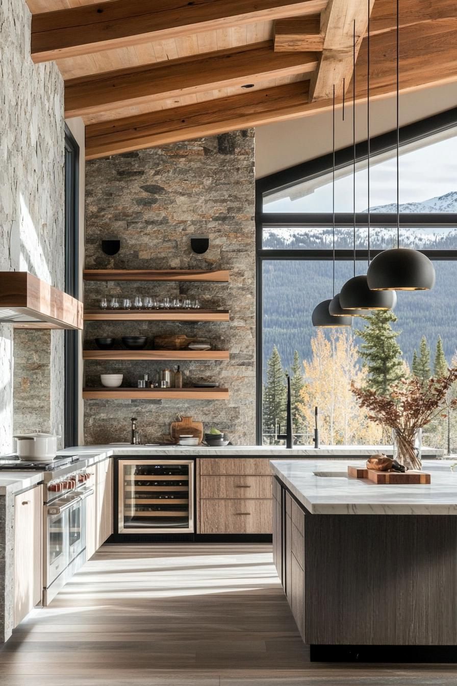 A contemporary kitchen blending raw natural elements with modern design. Expansive floor to ceiling windows flood the interior with natural light and