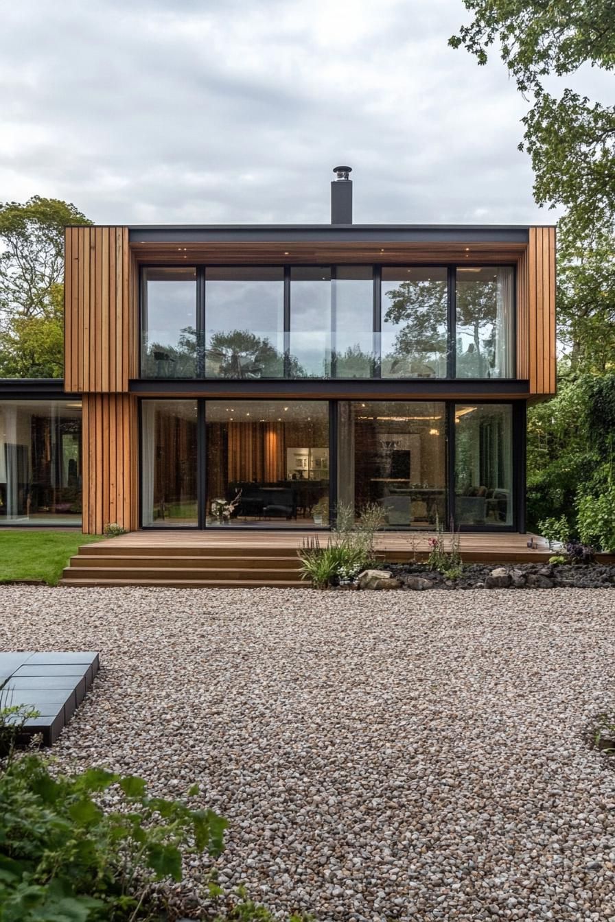 modern wood house facade of vertival cedar planks and large glass windows large gravel frontyard 2