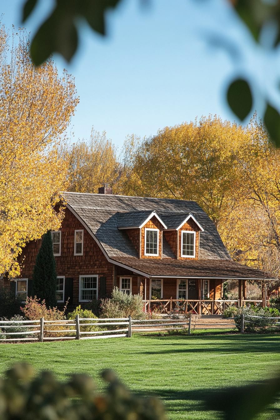 one story ranch house rustic siding roof with gambrel ranch fields trees