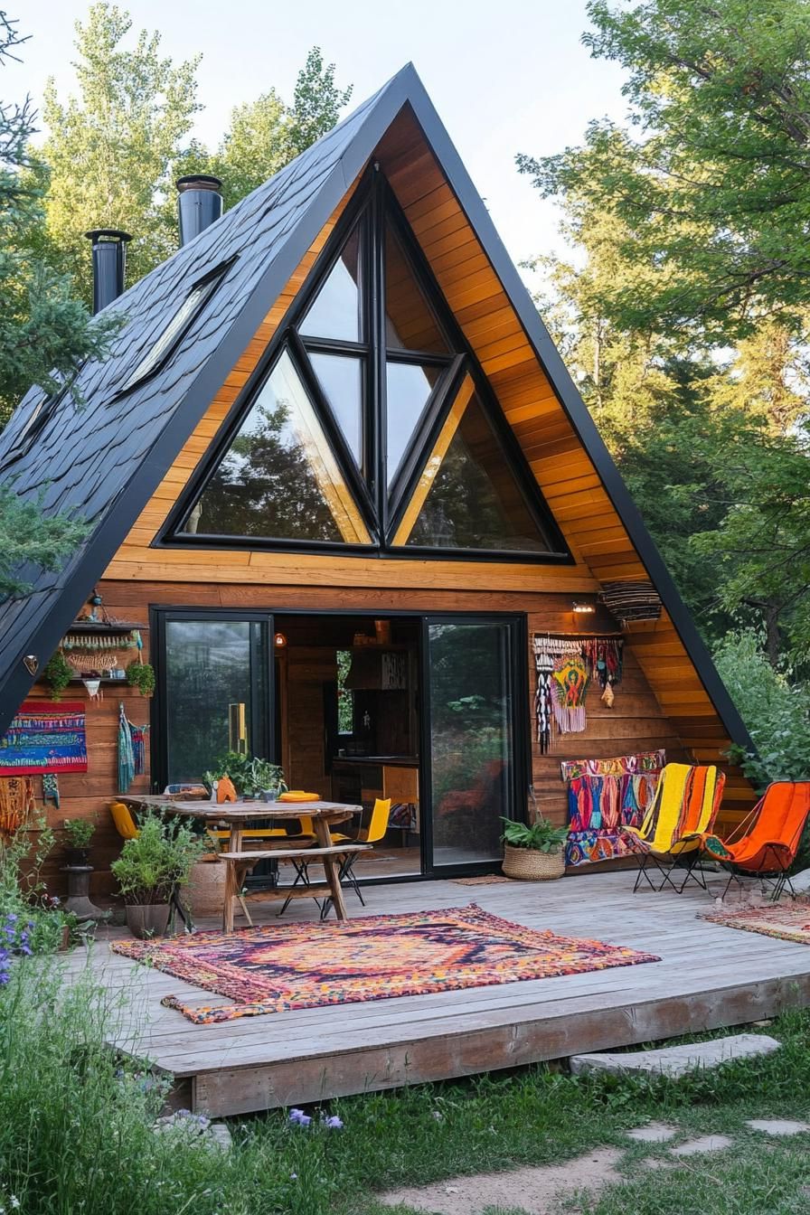 modern geodesic house facade with front porch covered in colorful bohemian textiles 2