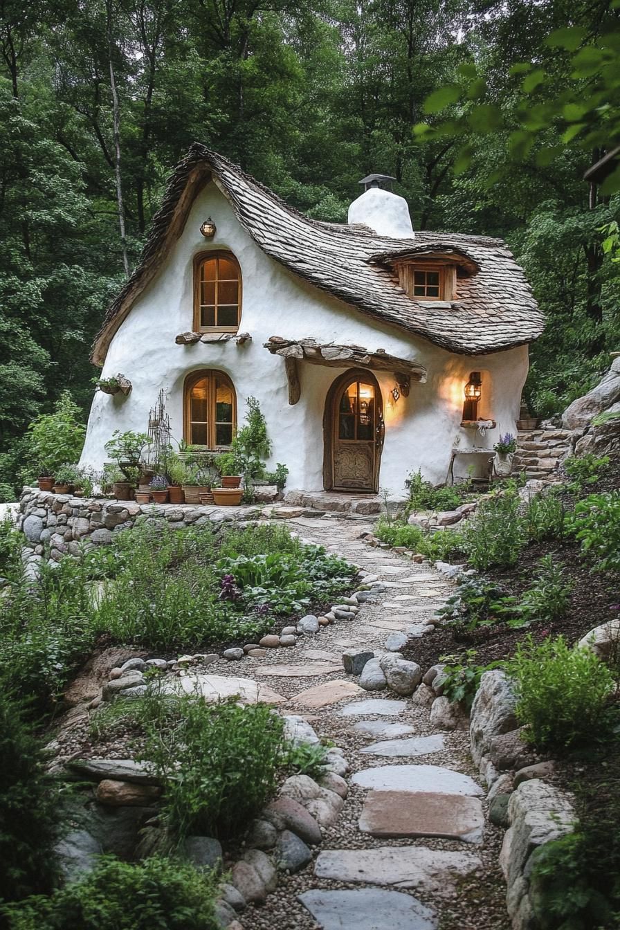 small cob house whimsical exterior with veggie garden and stone paths in a mountain forest clearing 2