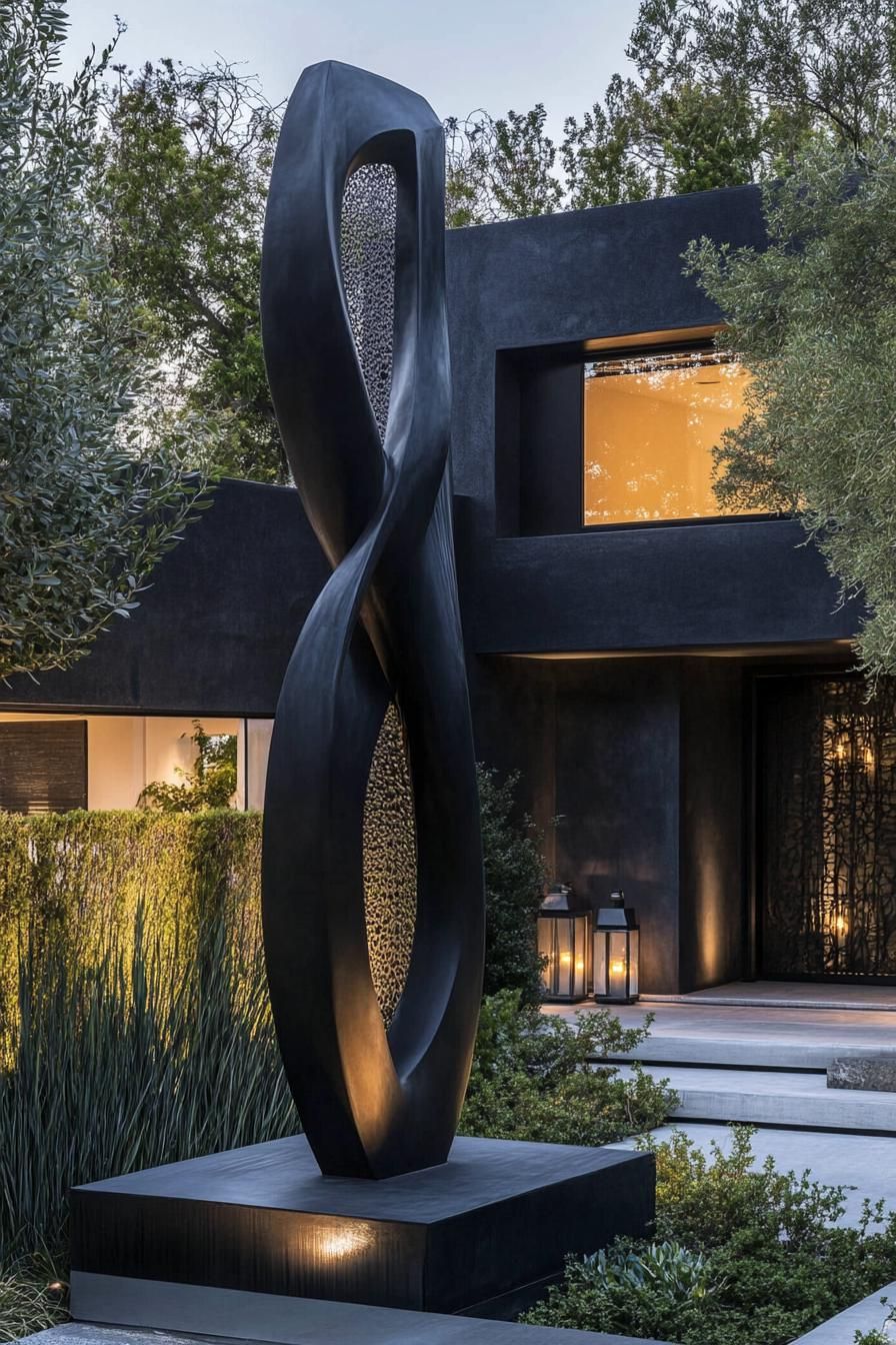 modern black house front yard garden with tall slim art deco sculpture and lanterns 2