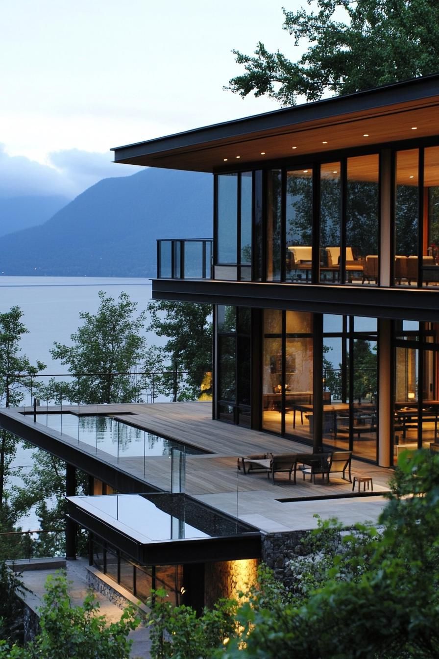 modern lakeside hill house with multi level decks with lake and mountain views