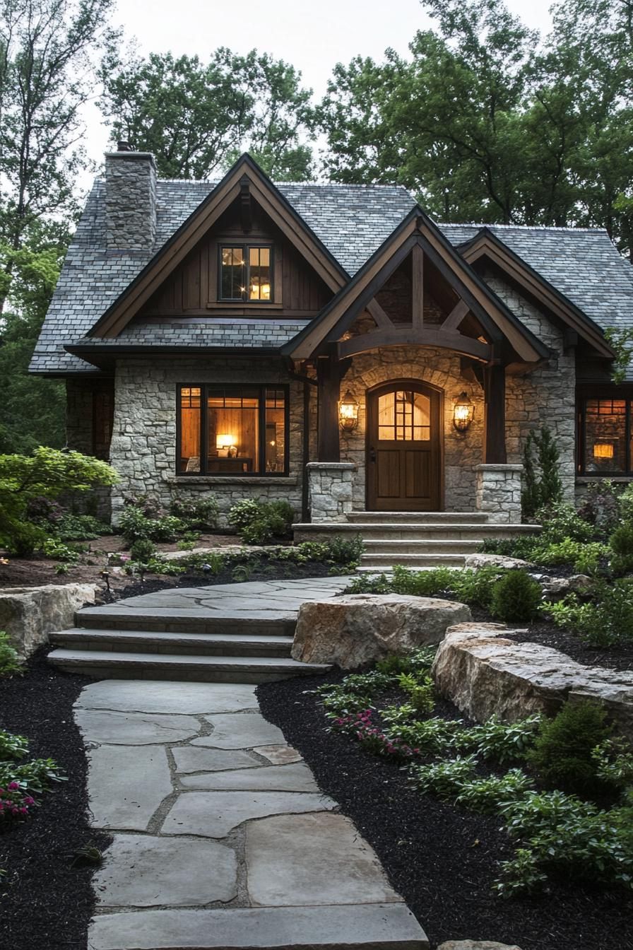craftsman house in stone siding natural wood accents tudor style roof detailing small porch black mulch and concrete path landscape 2