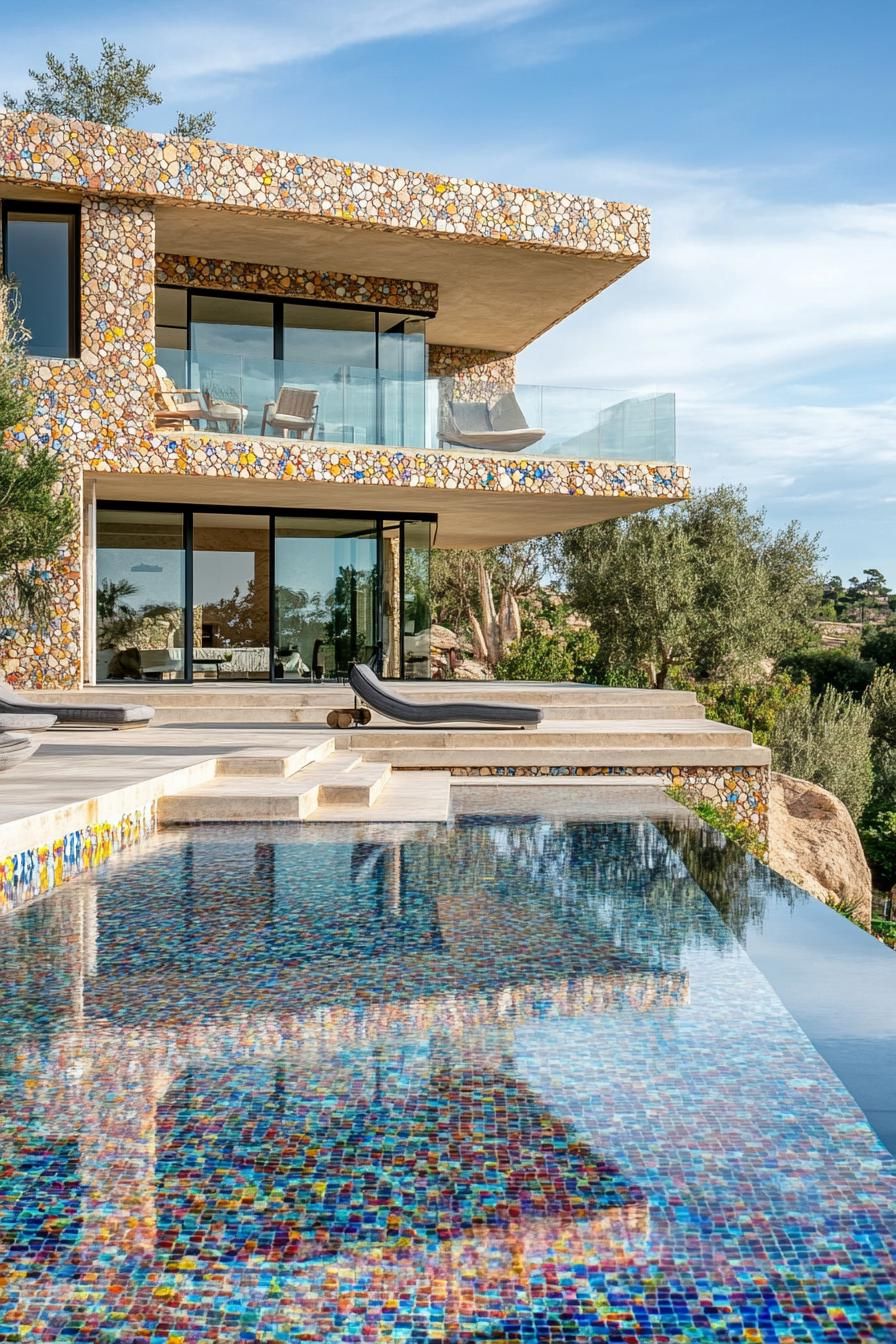 modern house backyard poolside deck with colorful mosaic tiles mediterranean landscape 3