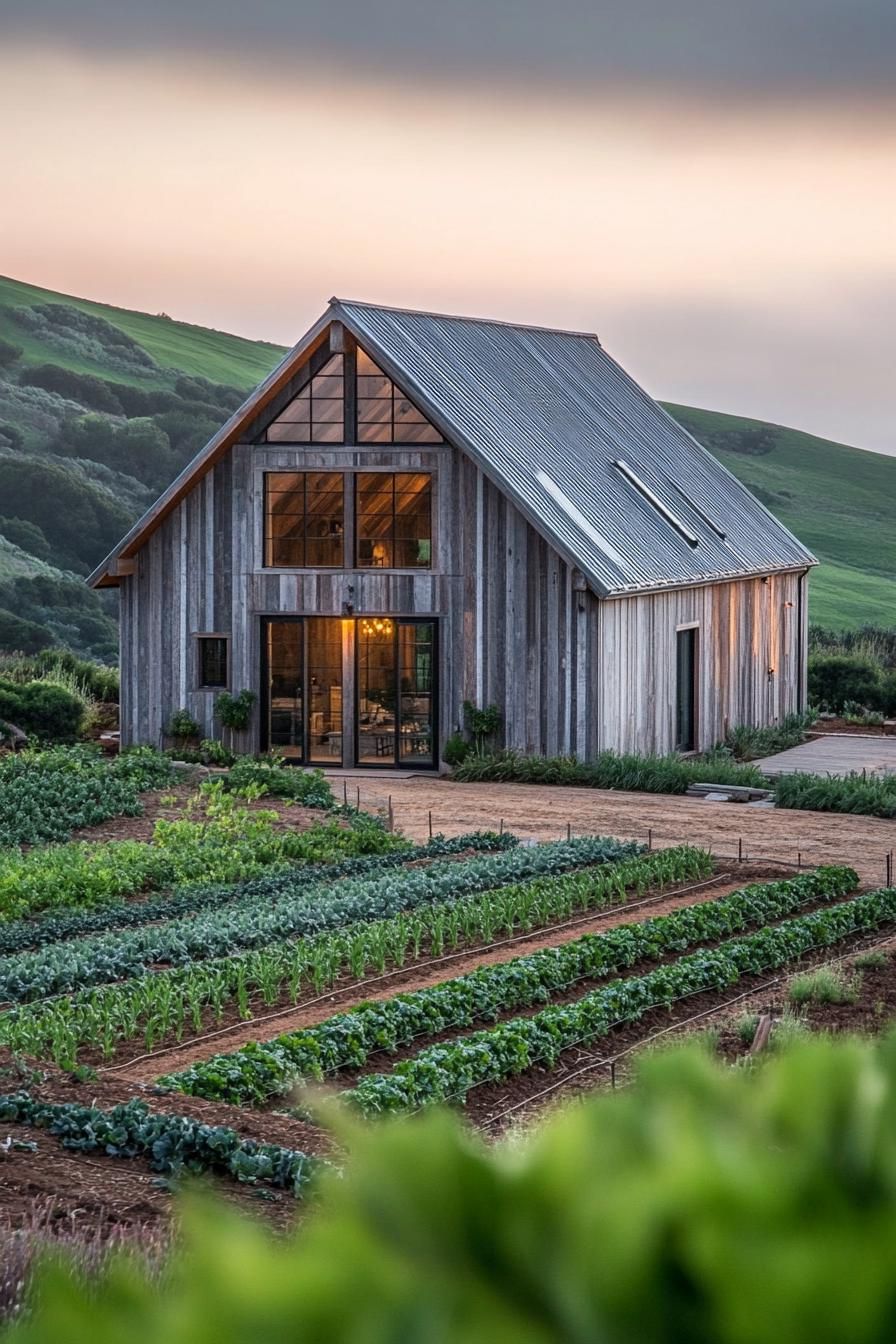 modern barn style house facade with reclaimed wood accents on a farm with veggie gardens green hills in the background 3
