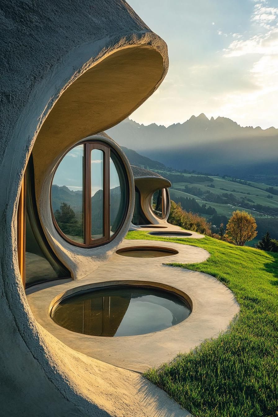 earth sheltered modern house with round doors and windows overlooking green New Zealand mountains 3