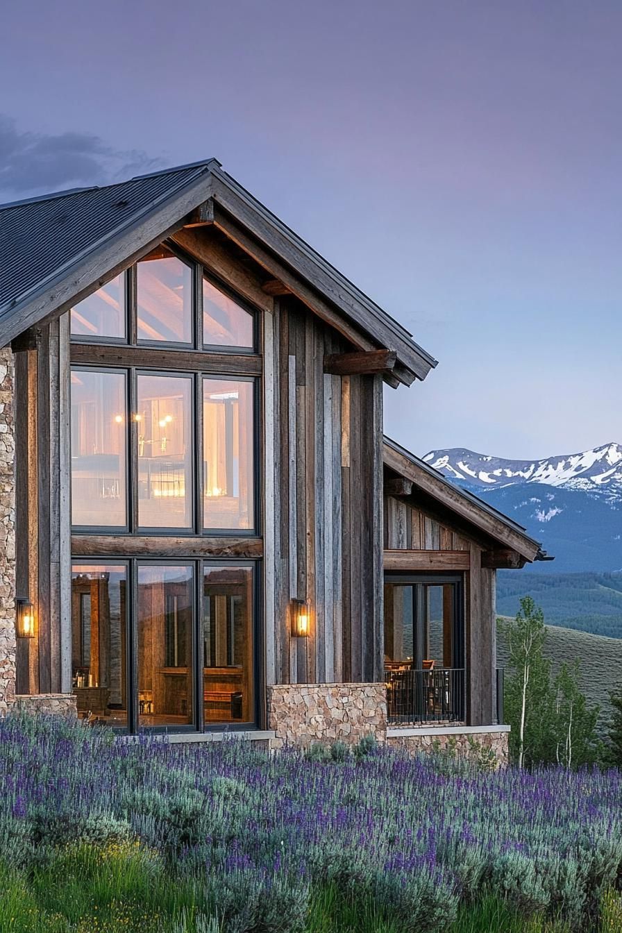 modern timber frame house reclaimed wood facade with expansive windows impressive range of mountains in the distance 2
