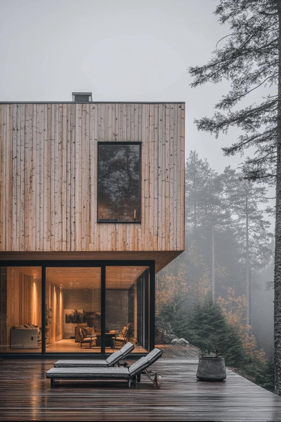 modern rustic wood house facade in aluminum framing Scandinavian misty forest 2