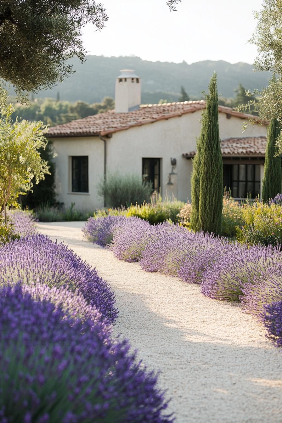 modern French mediterranean house garden pathway lined with lavenders 3