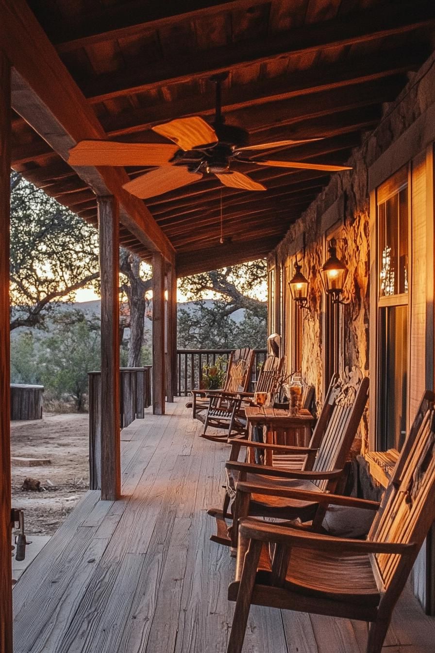 ranch house rustic porch ceiling fan wooden chairs