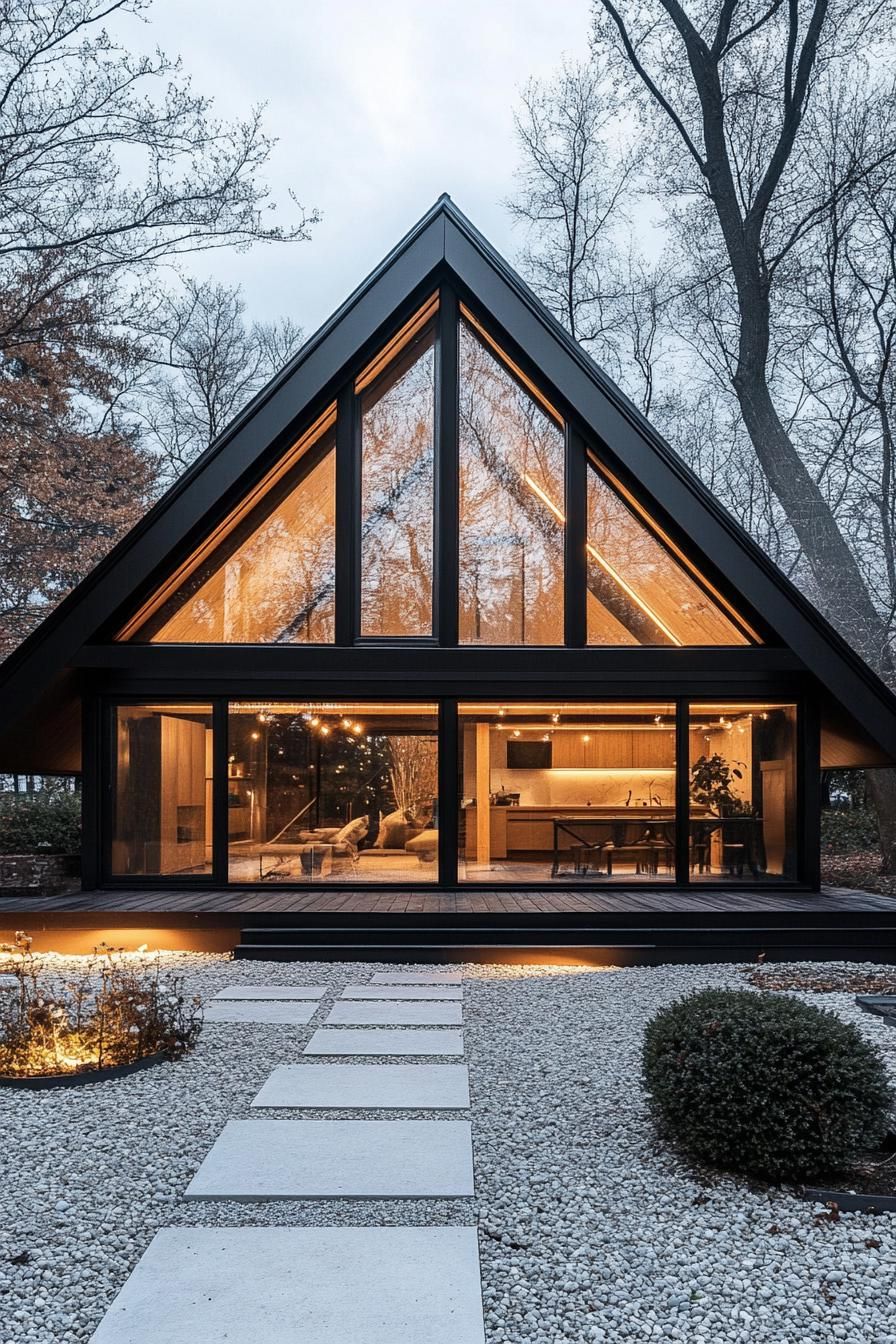modern black a frame cabin with full glass walls skylights large eaves with LED lighting gravel yard with shrubs and concrete path