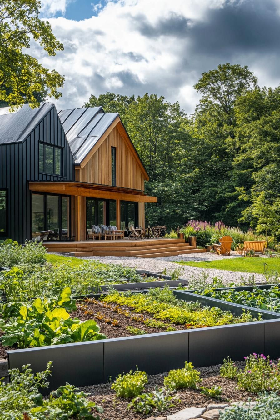 modern farmhouse with large veggie gardens and composting bins 3