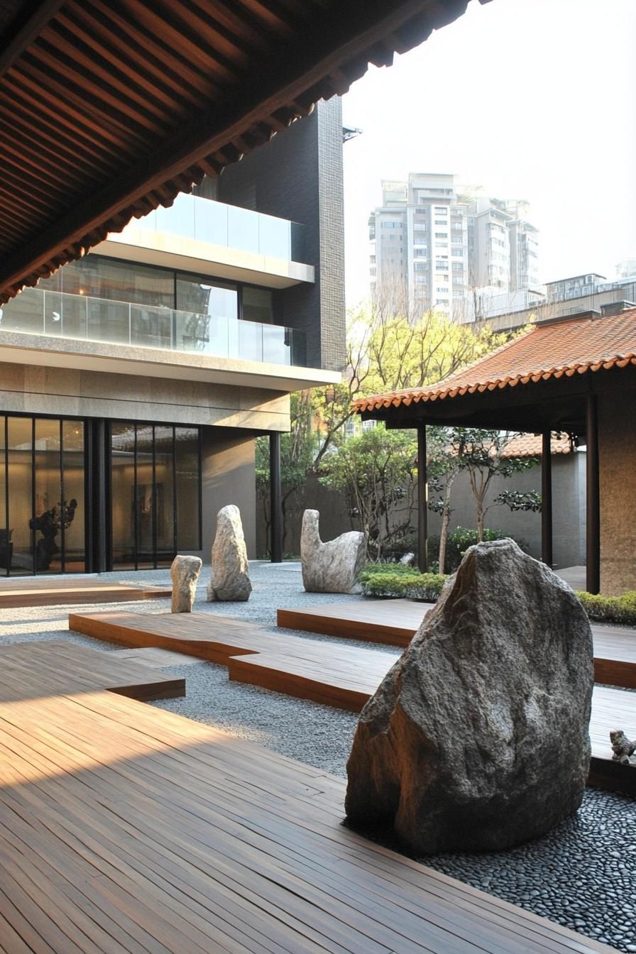 chinese inner courtyard with modern art sculptures wooden deck rocks chinese detailing modern office building visible over the roof from the 2