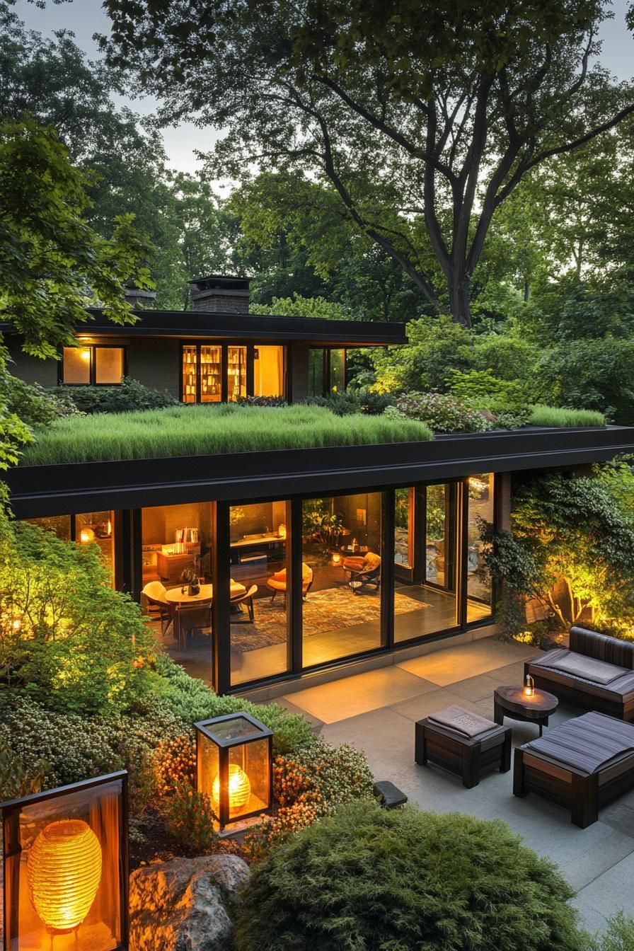 modern house with lush roof garden and Japanese lanterns and seating