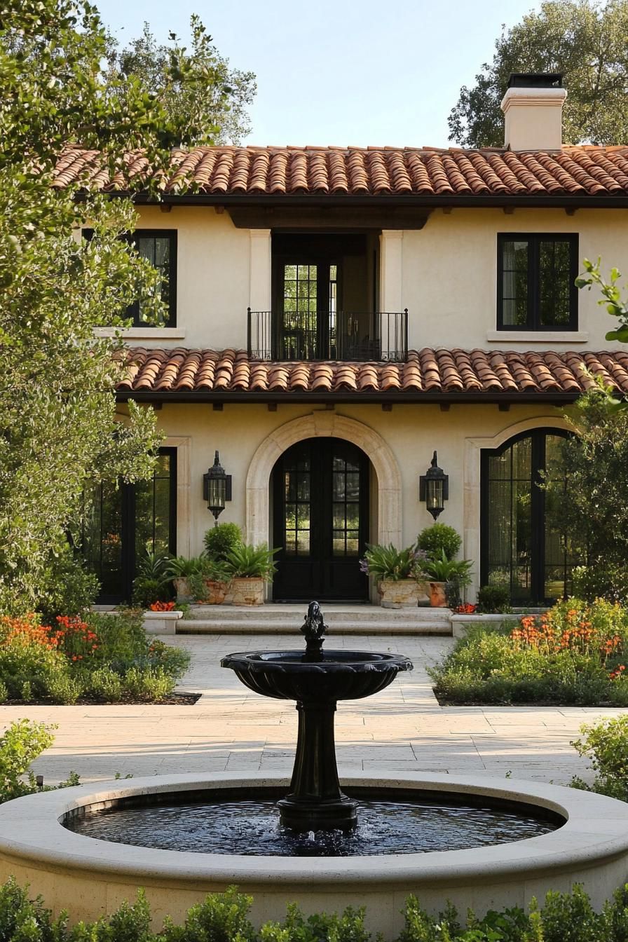 modern French mediterranean house front yard with a fountain