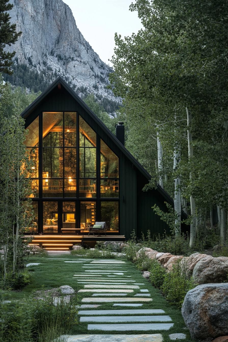 modern a frame mountain house facade in forest green color with full wall windows stone path leading to the entrance imposing mountain in the background 3