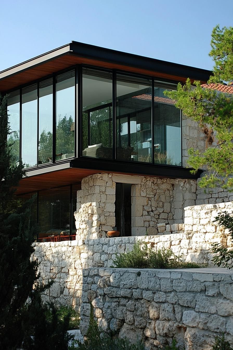modern house built on ancient greek house ruins old walls visible enclosed in glass modern windows and roof 2