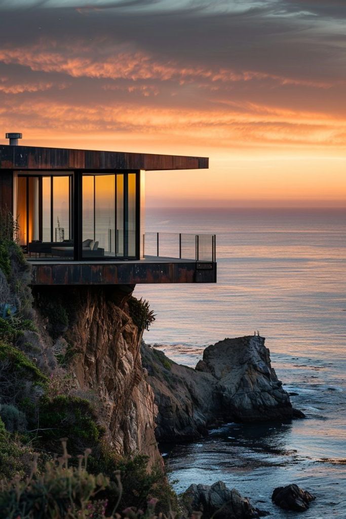 cliffside house sunset