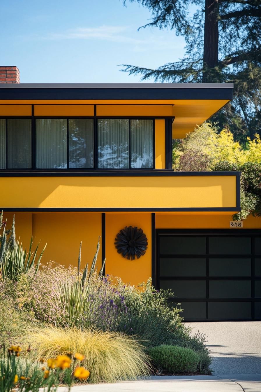 mid century modern house facade in sunshine yellow color with olive and black details 2