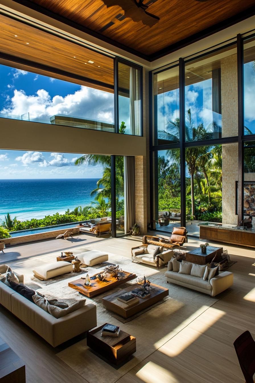 modern villa interior open plan with panoramic windows and tropical ocean views