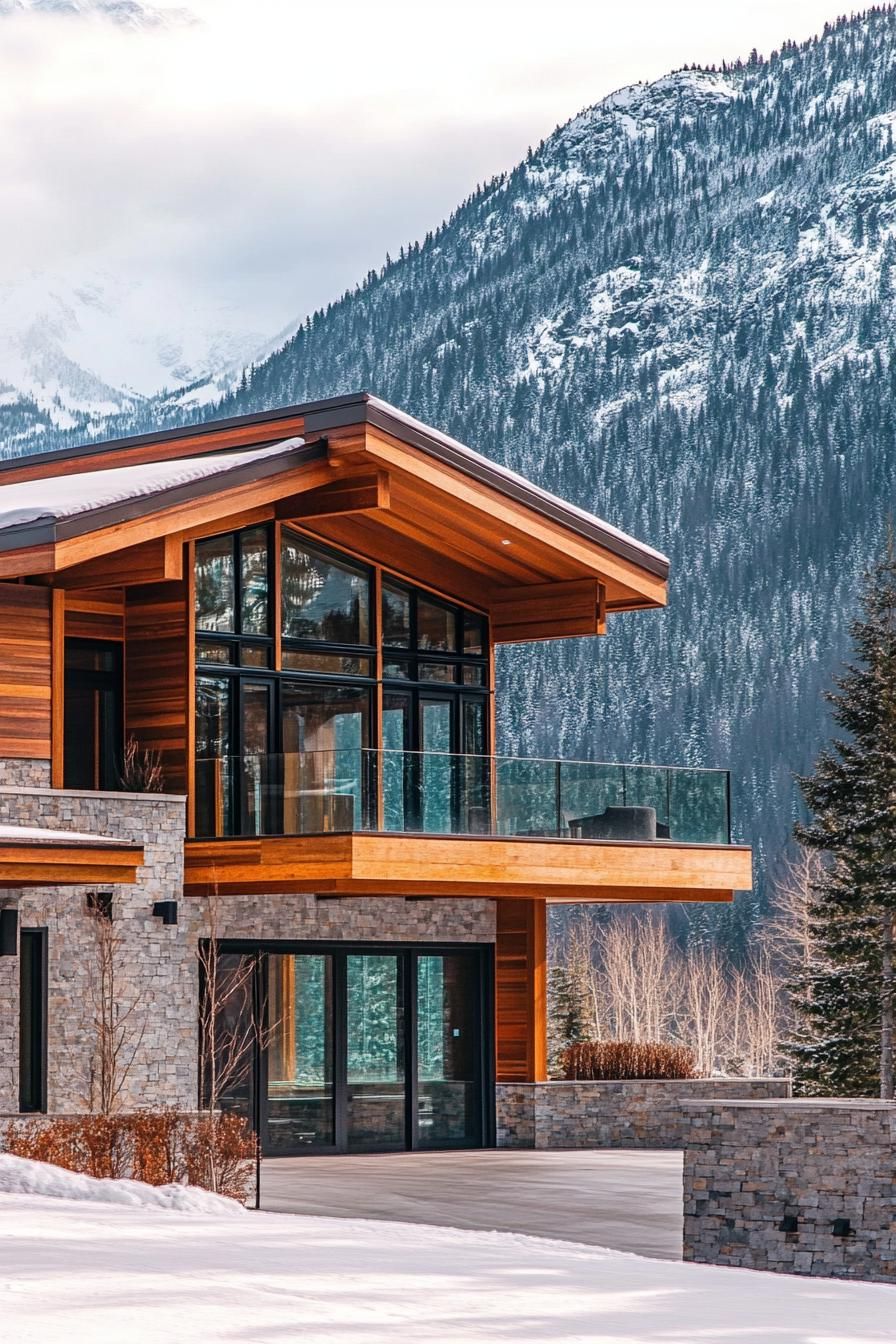 modern alpine style timber frame house facade with stucco and glass stunning snowy mountain in the background 3