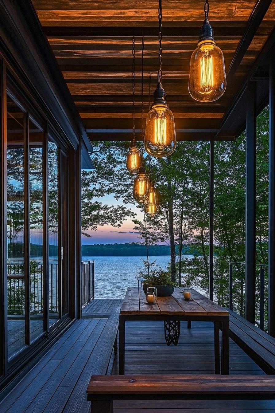 modern industrial house porch with edison lightbulb pendants visible beautiful lake view 2