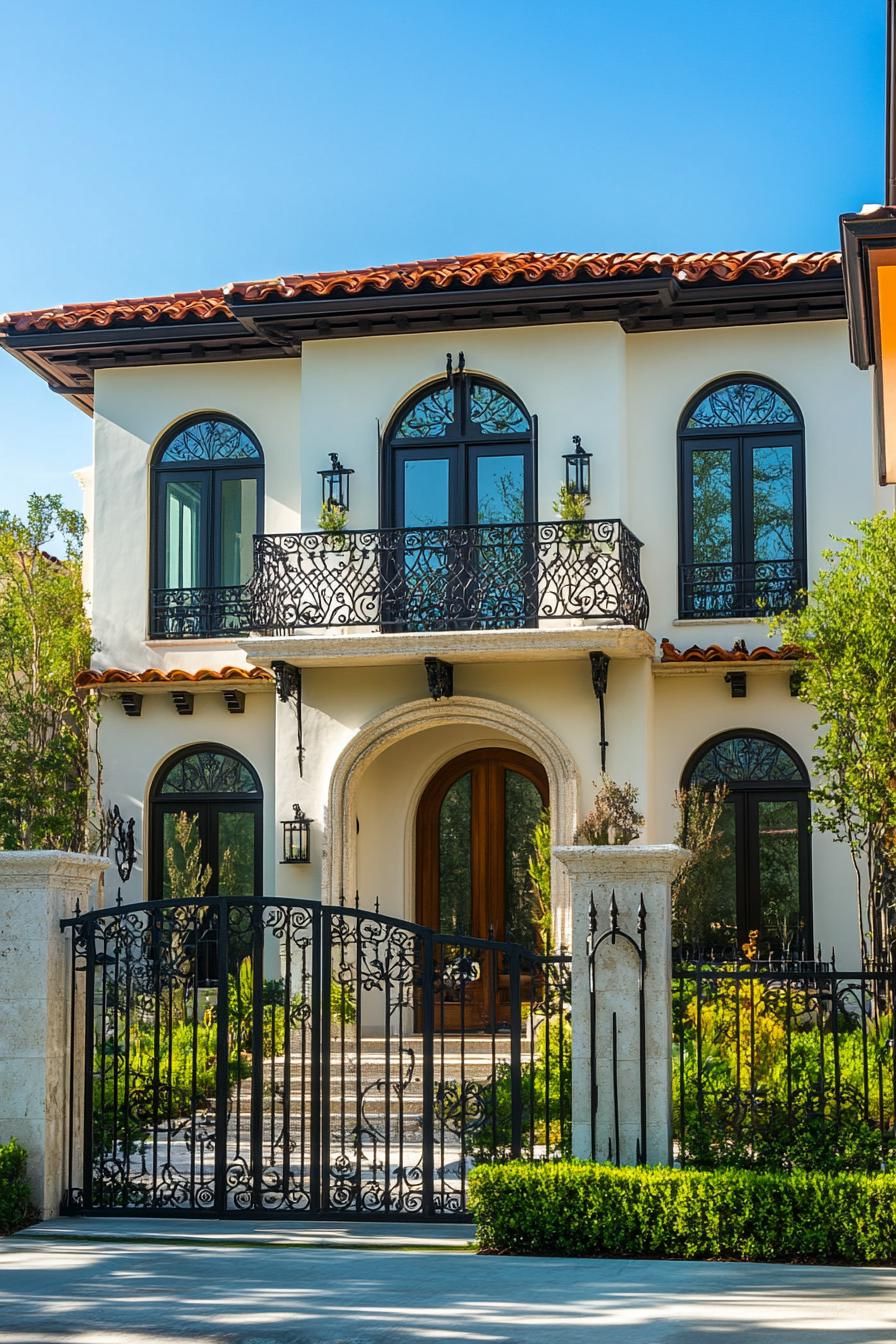 modern mediterranean revival architecture home facade with wrought iron balconies