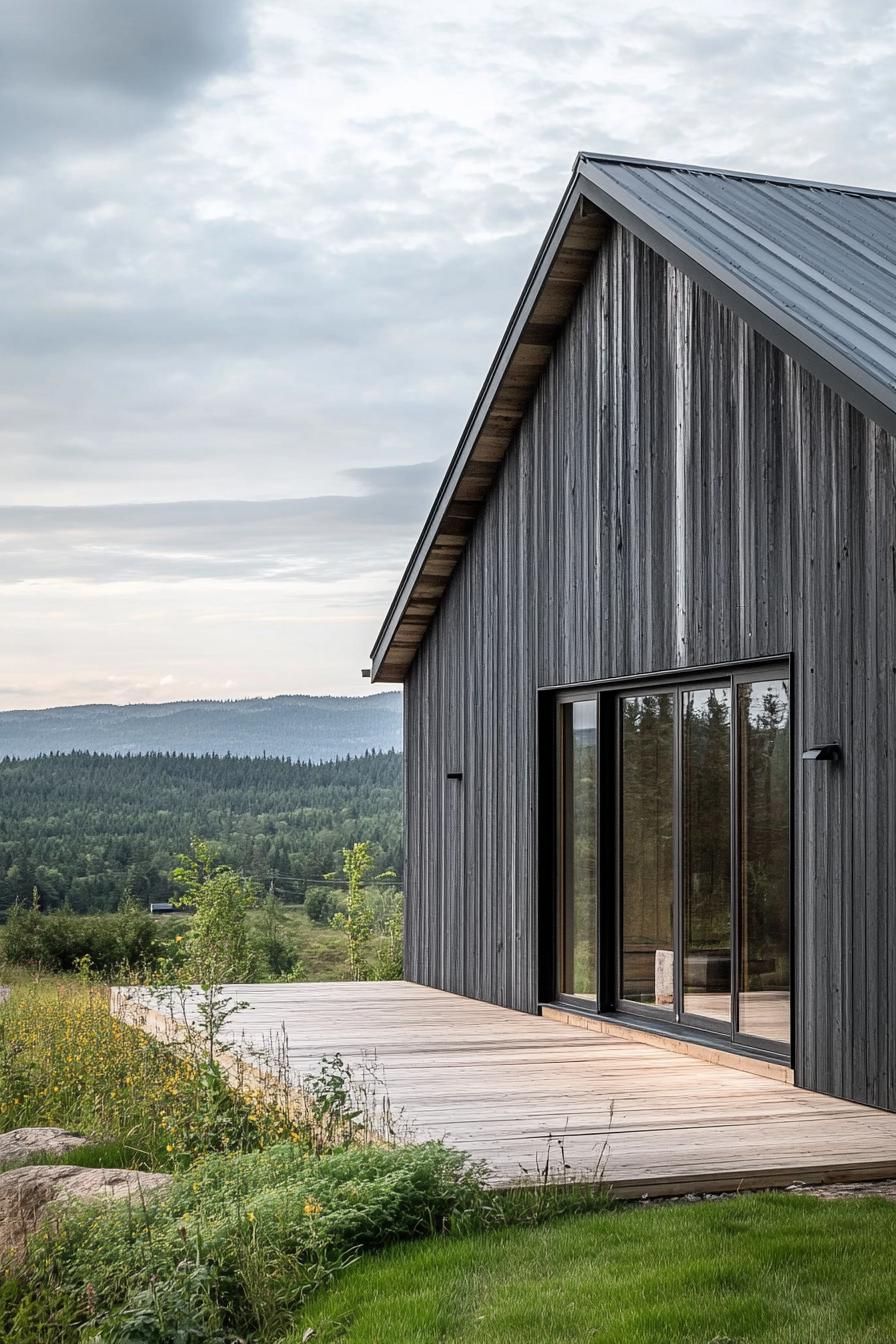 modern barn house style facade with exposed metal ductwork stunning Scandinavian terrain views