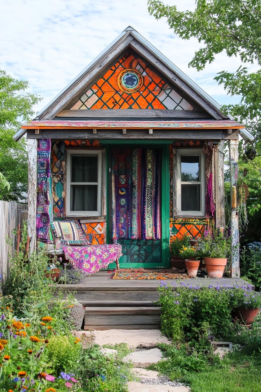 modern geodesic house facade with front porch covered in colorful bohemian textiles