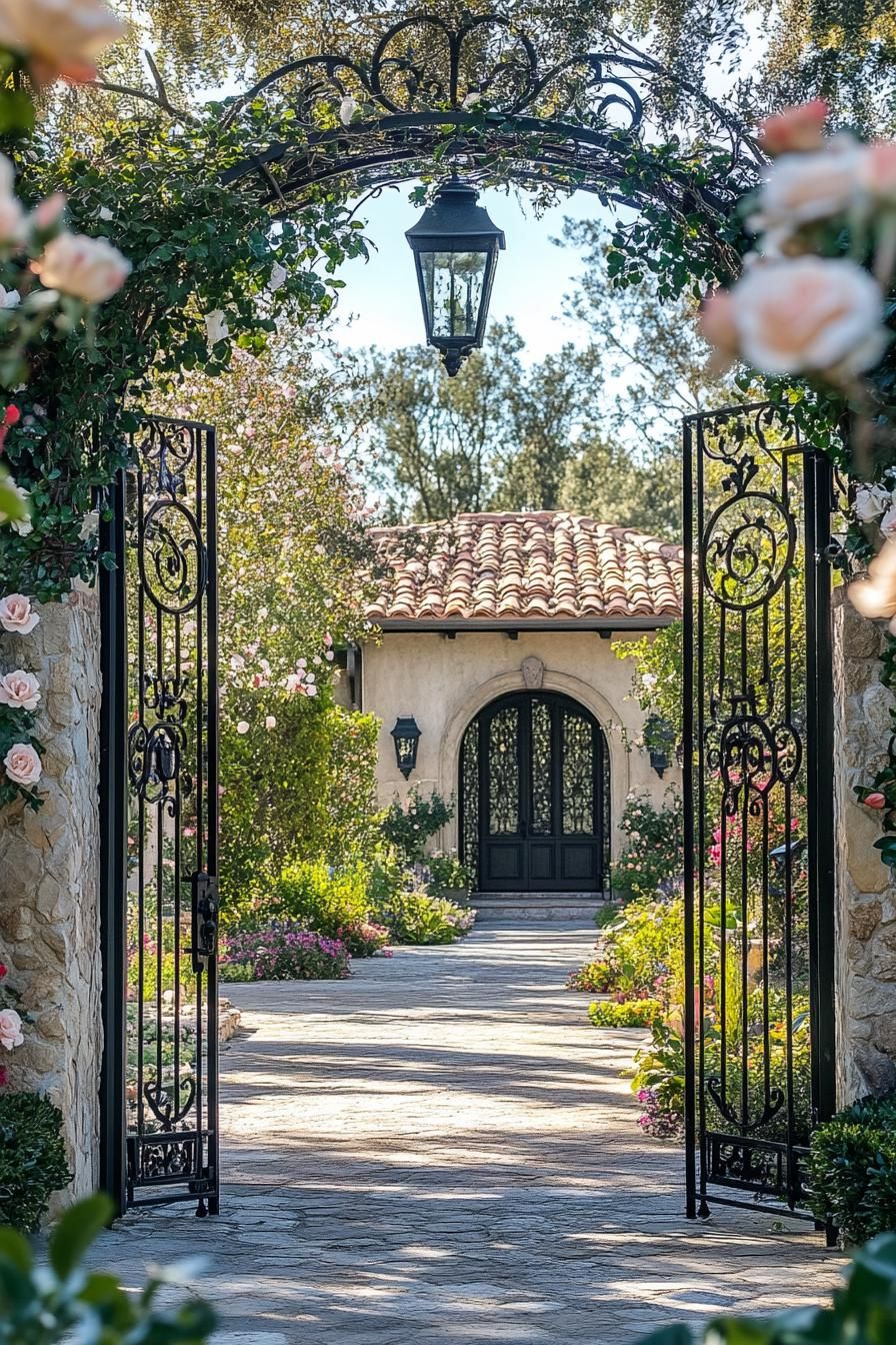 modern Tuscan mediterranean house gated yard entry with vintage lanterns wrought iron arch with climber roses 2